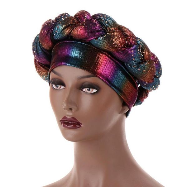 

latest aso oke auto gele headtie women turban cap with braids muslim head scarf bonnet ladies wraps diamonds turbante mujer beanie/skull cap, Blue;gray