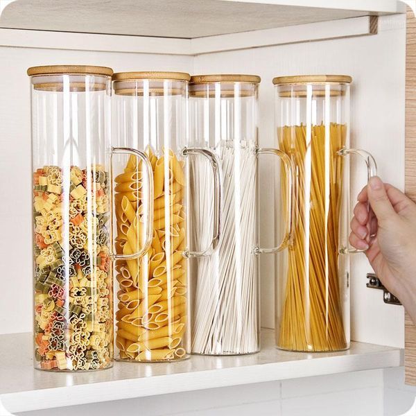 

storage bottles & jars bamboo cover noodle box with handle high borosilicate glass sealed jar kitchen spaghetti food containers