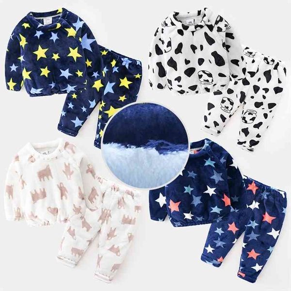 

winter warm 2-10 years plus velvet thickening sleepwear suit 2pcs +pants for kids baby boys cartoon star pajamas sets 210701, Blue;red