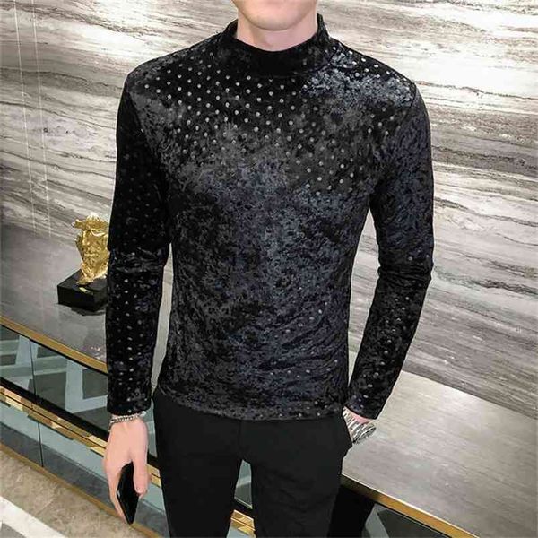 

fashion spring t-shirt men clothing polka dot t shirts mens long sleeve all match comfortable knitted turtleneck 210329, White;black