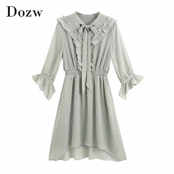 

women dot embroidery ruffles dresses summer butterfly sleeve party mini bow tie collar elegant casual 210515, Black;gray