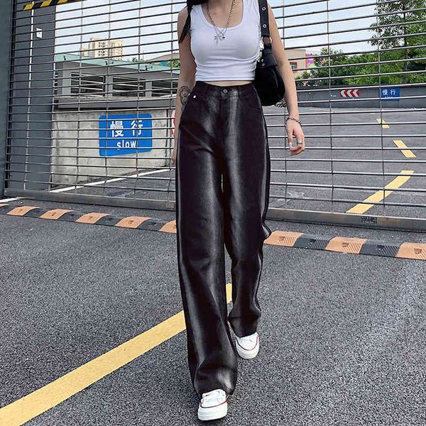Streetwear branco listrado cintura larga perna larga brinco de calça jeans preto mulher outono comprimento completo calças soltas denim y2k calças feminina 210415