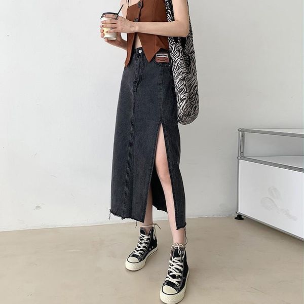 

skirts high waist long for women a line korean casual simple skirt with slits and ragged edges summer maxi jupe femme, Black