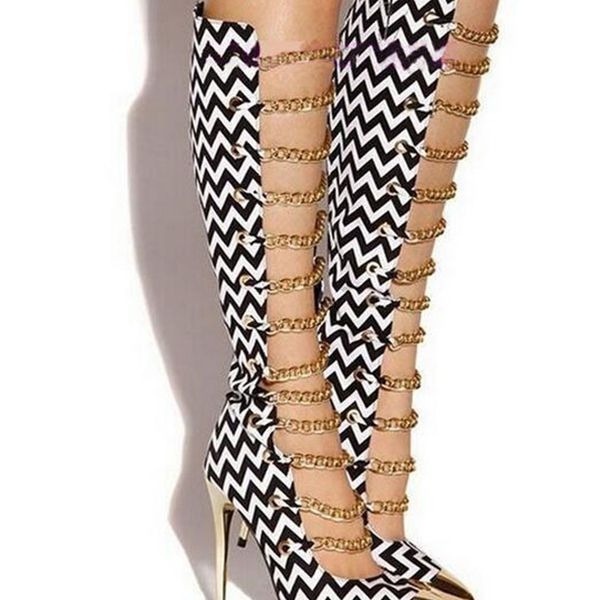 

boot gold chains decorated toe pointed heels high knee gladiator sandals boots will see women's shoes free, Black