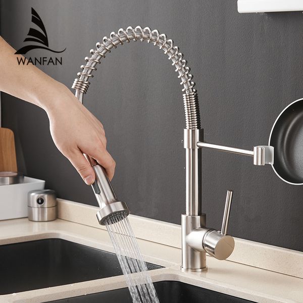 

kitchen faucets brush brass for sink single lever pull out spring spout mixers tap cold water crane 9009 gi6k