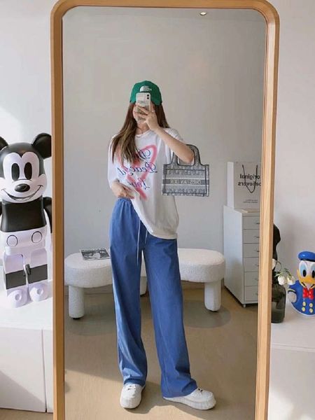 

high waist elastic front loose light color wide leg daddy pants, Blue