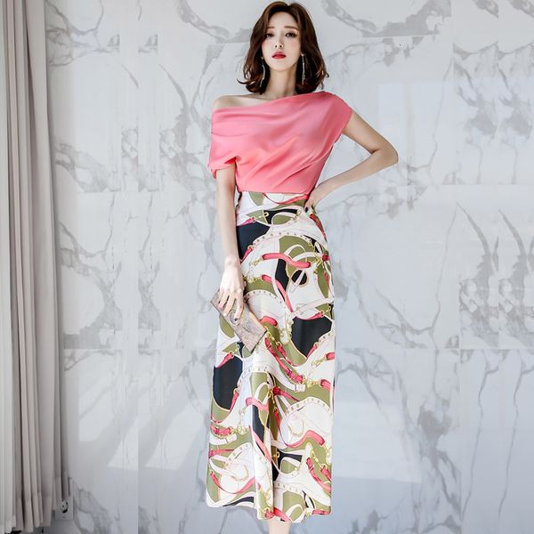 

skirts office lady two piece outfits one shoulder satin pullover vintage print long skirt set bodycon 2pcs summer clothes, Black