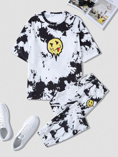 

men random cartoon & splash ink print tee & drawstring sweatpants z9bj#, Gray