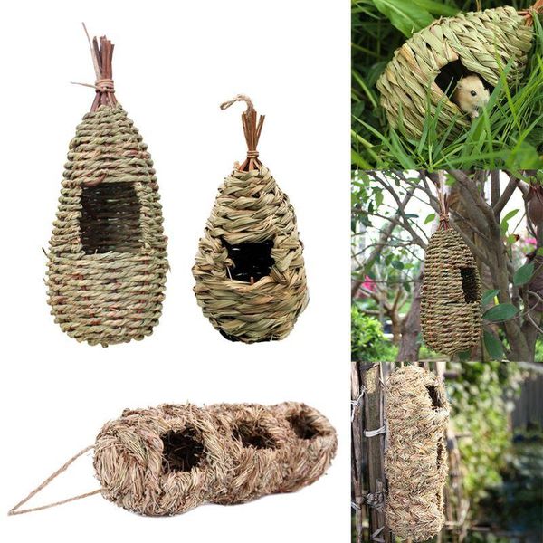 

3pcs hanging bird house cages nest grass woven hut shelter hamster hideaway drop