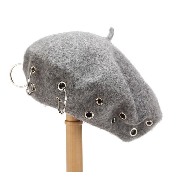 

berets fashion women's cap personality british woolen autumn winter warmth solid color retro iron ring decoration literary hat ladies, Blue;gray