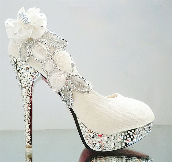 Weiße Diamantblumen Hochzeitsschuhe Blumenpumps High Heels Brautschuhe 8 cm 10 cm 11 cm Abschlussballschuhe für Damen