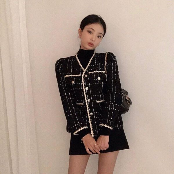 

women's jackets luxury designer wool coat women black vintage v neck plaid tweed golden buttons elegant office lady outwear korean, Black;brown