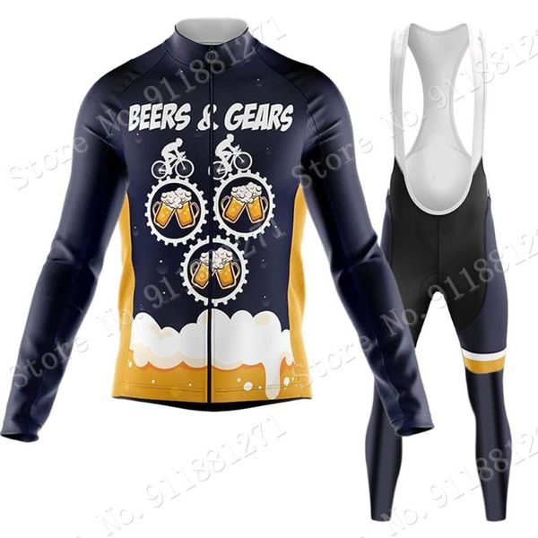 

racing sets 2021 suit drink beers team summer cycling jersey set mens long sleeve gears clothing road bike bicycle pants bib mtb maillot, Black;blue
