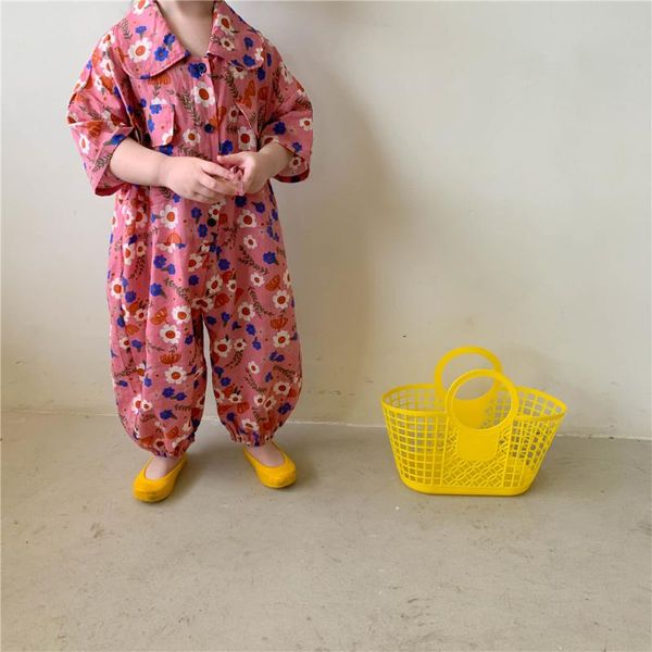 

trousers korea children's wear 2021 summer clothes korean boys and girls floral jumpsuit short sleeve, Blue