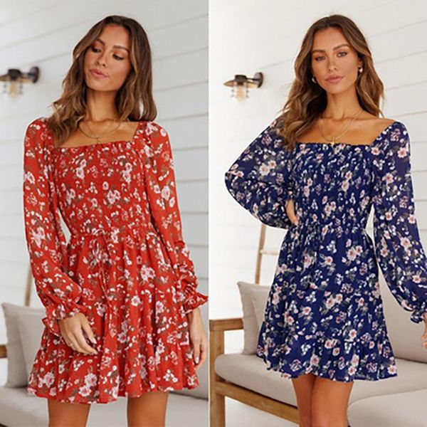 

casual dresses 2021 autumn fashion vintage printed loose square collar bohemian dress temperament lantern sleeves knee-length woman, Black;gray