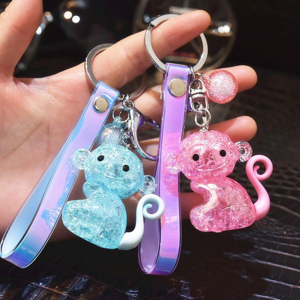 

2021 fashion keychain acrylic three dimensional crystal monkey doll leather rope key chain pendant small activities practical gift, Silver
