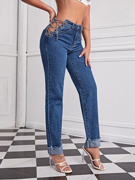 

eyelet chain knot mom jeans w0w9#, Blue