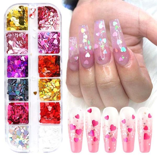 

nail glitter 12 grids sweet love heart sequins rose gold silver shining laser art paillette manicure decorations, Silver;gold