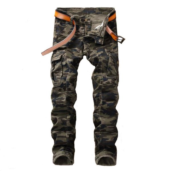 

mcikkny men's camouflage jeans pants multi pockets military style denim trousers for male army green, Blue