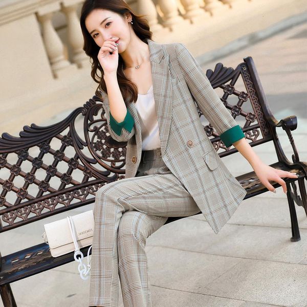 

pant casual female set, set in yellow khaki suit chess two pieces for girls spring wear clothes, White