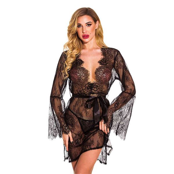 

european and american interest underwear kimono long sleeve robe lace large size pajamas 211208, Black;white