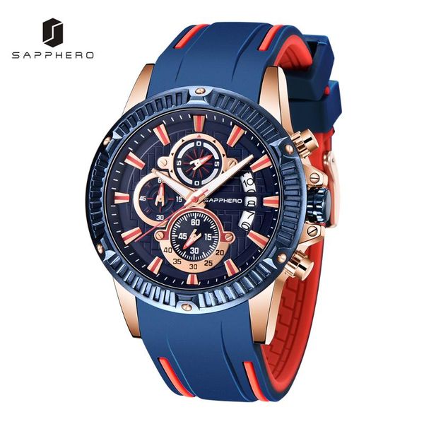 

wristwatches sapphero mens watch silicone strap 3atm waterproof quartz movement chronograph casual sport male clock business stylish gift, Slivery;brown