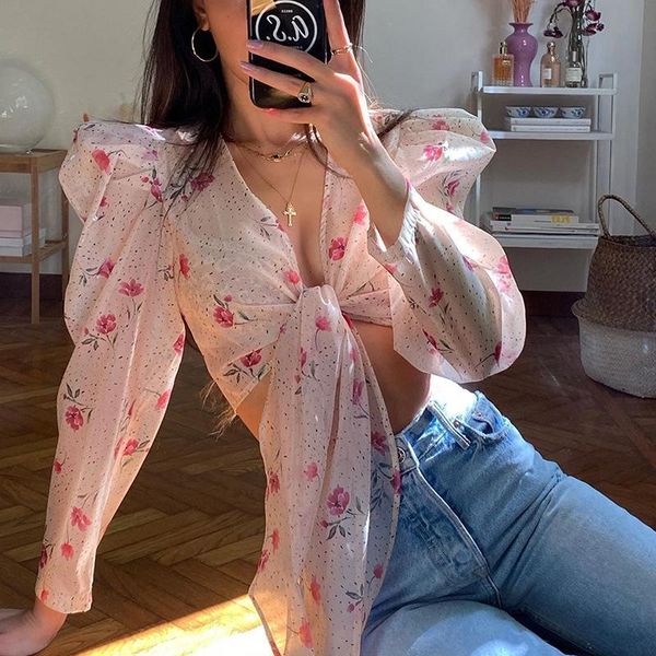 

women's blouses & shirts women chiffon print shirt fashion casual long puff sleeve v-neck lace up basic blouse slim fit clothing, White