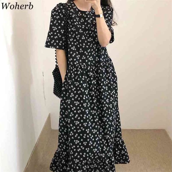 

elegance crew neck loose puff sleeves dresses summer sweet chic florals ol gentle long dress streetwear vestidos 210519, Black