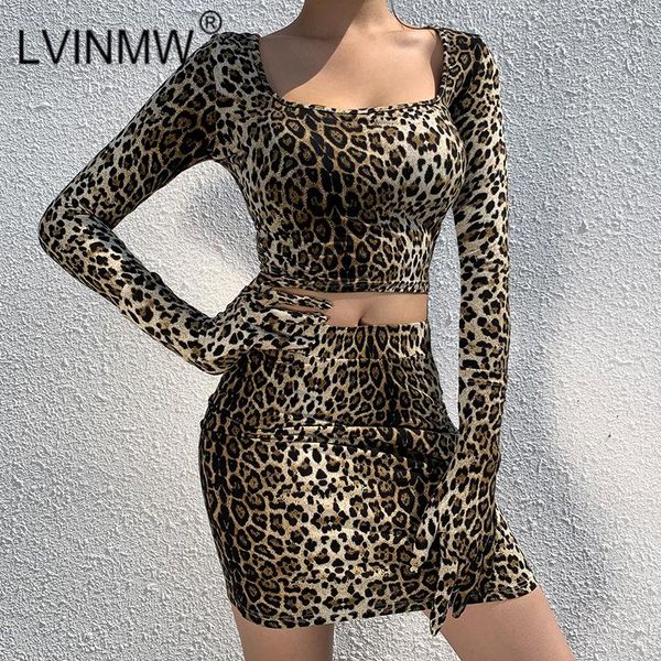 

two piece dress lvinmw leopard set with gloves square collar long sleeve skinny crop high waist mini skirts female club sets, White