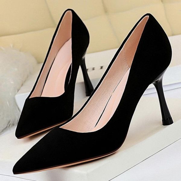 

dress shoes 2021 women pumps classic high heels ladies fashion wedding stiletto flock shallow mouth party pointed, Black