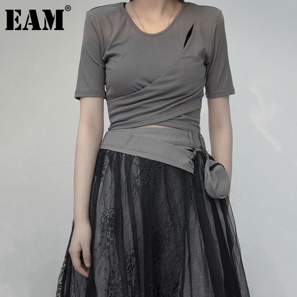 

women's t-shirt [eam] women dark gray hollow out irregular casual round neck short sleeve fashion tide spring summer 2021 1dd9580, White