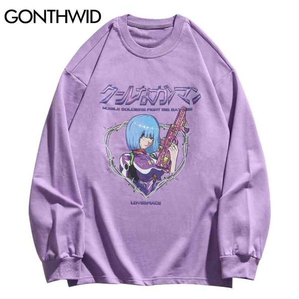

long sleeve t-shirts japanese anime cartoon print tshirts harajuku streetwear hip hop hipster casual loose tees 210602, White;black