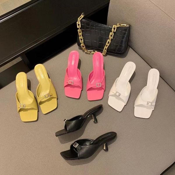 

slippers open toe women thin high heels casual slides candy color yellow/white/pink/black summer party pumps dress shoes woman