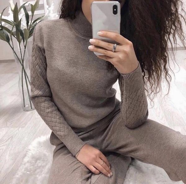 

two piece dress knitted tracksuit women 2 set turtleneck pullover sports sweatshirts pants jumper suit clothing, White