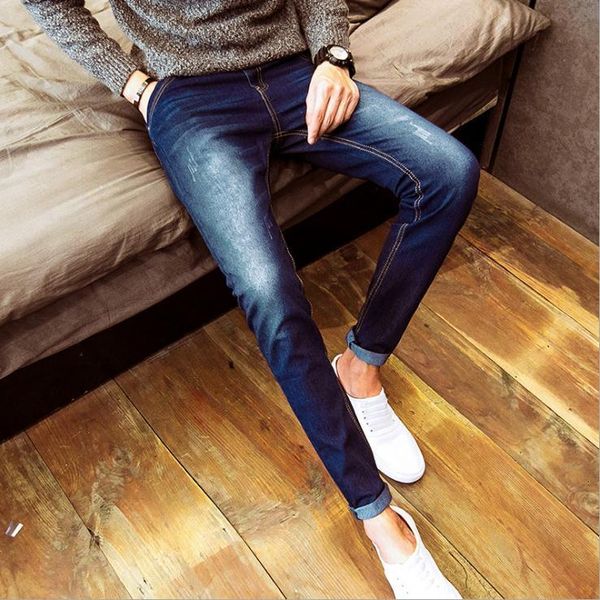 

men's jeans spring autumn stretch solid casual slim fit teenagers student men jeans cowboy leisure male youth trousers, Blue