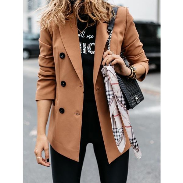 

black lapel long sleeves solid jackets button office lady khaki business suits blazer spring women double breasted coats women's & blaz, White;black