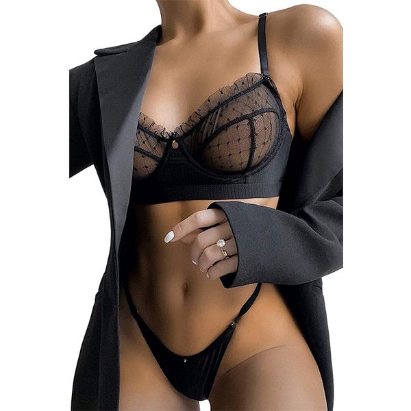 

set lingerie for women ruffle 2 piece lace underwear suit underwire ribbed bra and panty sets valentine, Black;white