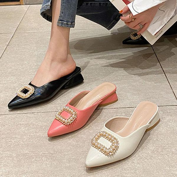 

slippers crystal pearl buckle mules women sandals flip flops summer shoes woman beads slides pointed toe hoof heels femme 2021, Black