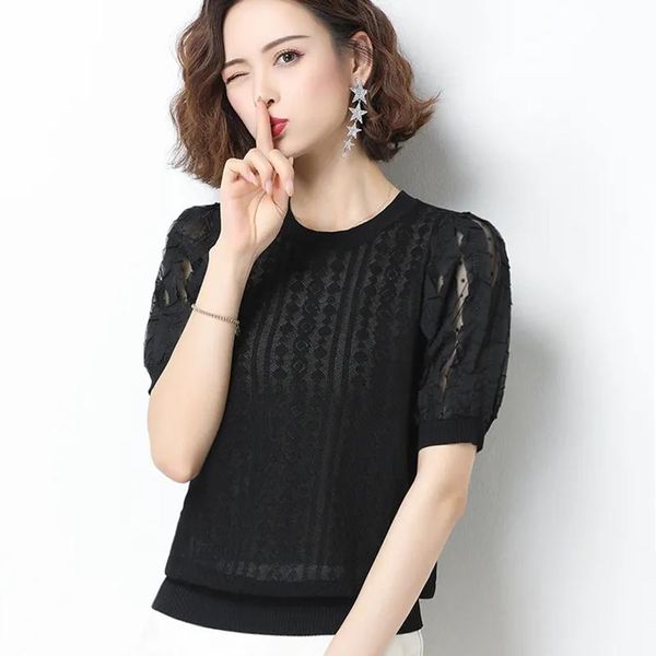 

women's t-shirt fashion lace hollow out knit women round neck knitwear korean summer ice silk pullovers s-2xl, White