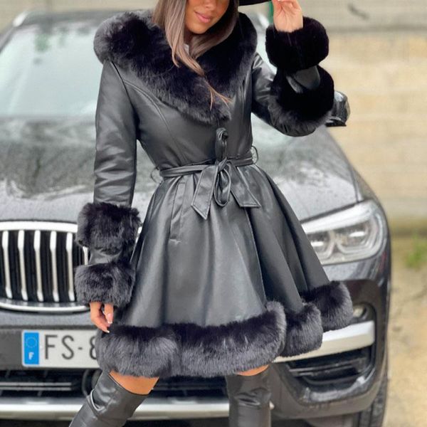 

women's leather & faux xmax fashion hooded high imitation jackets women elegant long pu coats patchwork fur tie belt ladies, Black