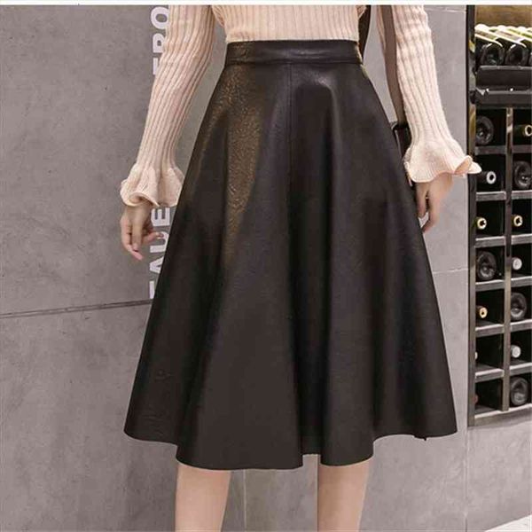 

winter women pu faux leather midi black skirt high waist vintage warm thick flare skater skirt  femme jupe s9110
