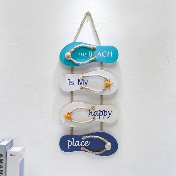 

mediterranean retro distressed quadruple slippers listed "beach is my happy place" wall-mounted home pendant wall hangings decorat