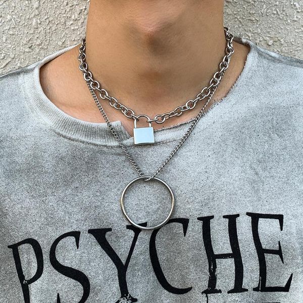 

chains ingesight.z titanium steel lock padlock pendant necklaces multi layered large round circle choker for men neck jewelry, Silver