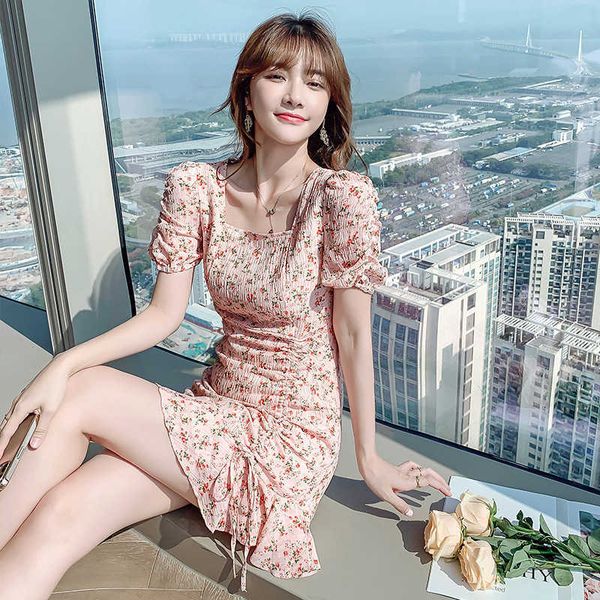 

floral skirt pleated 2021 femininity french light mature waist thin short sleeve chiffon dress summer dress, Black;gray