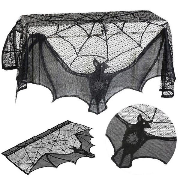 

costume accessories 1pcs scary halloween decor black lace spider web cobweb bat fireplace mantle scarf cover stove cloth ghost festival part, Silver