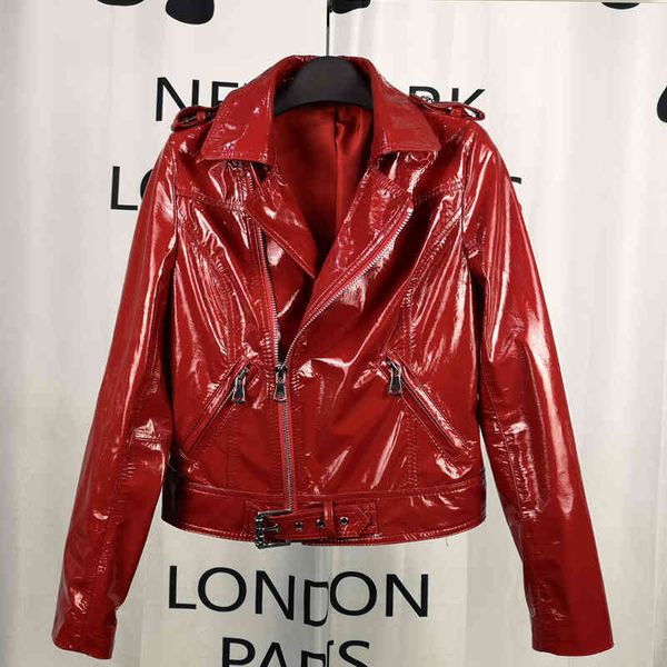 

shorts spring autumn sheepskin genuine jacket women ol slim patent leather zipper coat short jackets m-3xl red a207, White;black