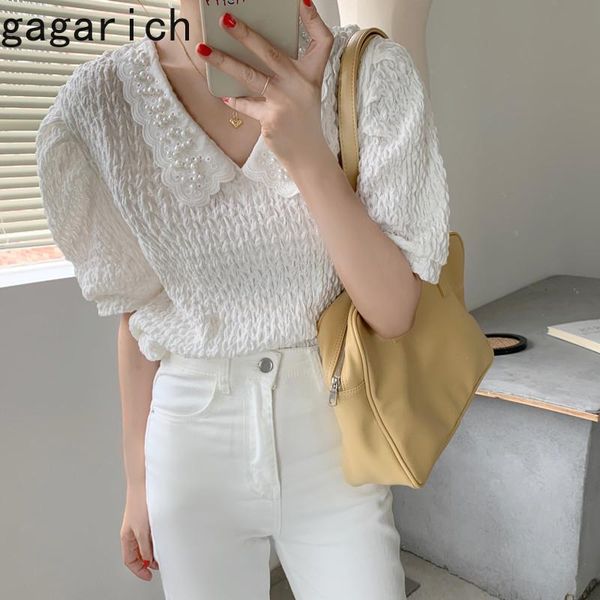 

women's blouses & shirts gagarich woman summer french vintage ins fashion beading doll collar puff sleeves female solid versatile tide, White