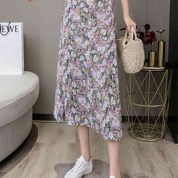 

fashion high waist elastic waist chiffon skirt women flower print womens summer women's floral 210507, Black