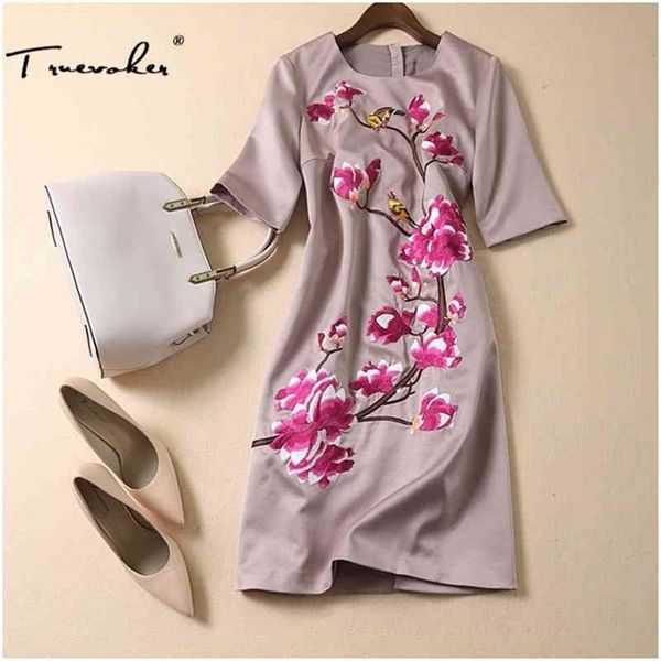

truevoker designer dres's short sleeve vintage flower embroidery plus size 2xl straight khaki vestido 210602, Black;gray