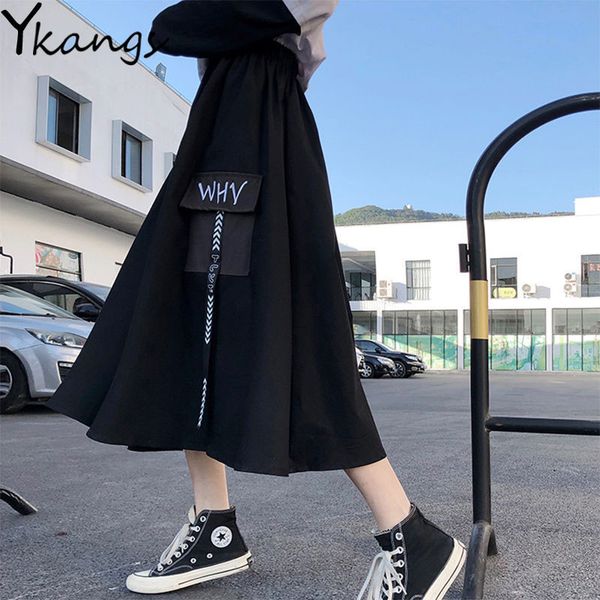 

harajuku streetwear gothic cargo skirts women black high waist a-line skirt casual vintage midi skirt female streetwear 210412